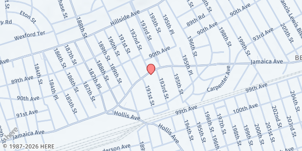 Map showing Hollis Community Christian Church at 191-22 JAMAICA AVENUE, Jamaica, NY