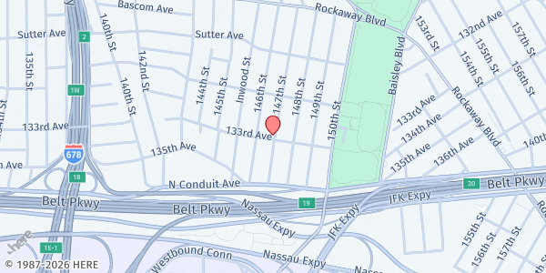 Map showing Holy Ghost Upper Room Filling Station Ministr, Inc at 146-17 133rd Avenue, Jamaica, NY