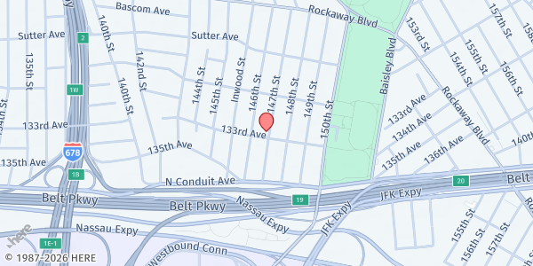 Map showing Holy Ghost Upper Room Ministry at 146-17 133rd Avenue, Jamaica, NY