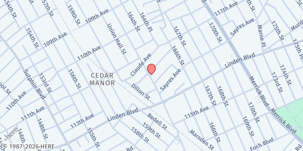 Map showing House of Completion/Eartha L. Jones Food Pantry at 112-07 Guy R. Brewer Blvd., Jamaica, NY