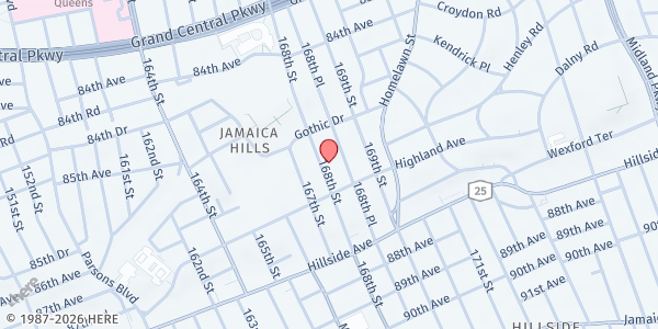 Map showing Jamaica Muslim Center at 85-37 168th Street, Jamaica, NY