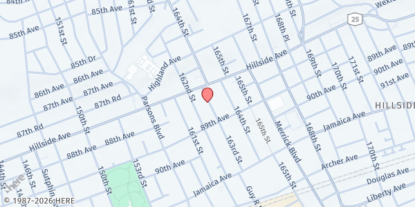 Map showing JAMAICA SEVENTH DAY ADVENTIST CHURCH at 88-28 163 STREET, JAMAICA, NY