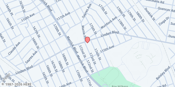 Map showing MARANATHA FRENCH SEVENTH DAY ADVENTIST CHURCH at 173-04 Linden Boulevard, Jamaica, NY
