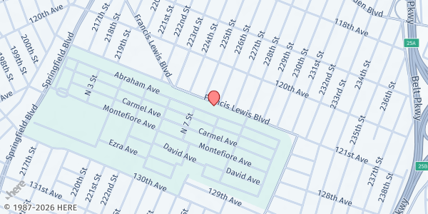 Map showing Mount Moriah African Methodist Episcopal Church at 225-16 Francis Lewis Boulevard, Jamaica, NY