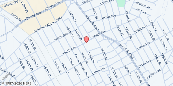 Map showing MUNA SOCIAL SERVICE SOUTH JAMAICA at 164-38 108TH AVENUE, JAMAICA, NY