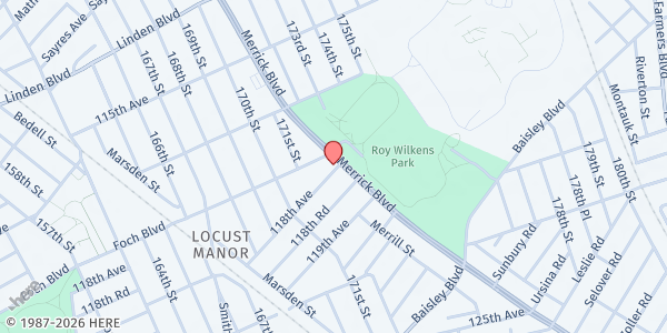 Map showing NATIONAL SORORITY OF PHI DELTA KAPPA - Food Pantry at 117-08 MERRICK BLVD, Jamaica, NY