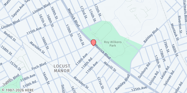 Map showing National Sorority Of Phi Delta Kappa - Jamaica at 117-08 MERRICK BLVD, Jamaica, NY