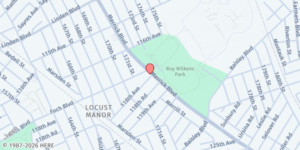 Map showing National Sorority of Phi Delta Kappa - New York at 117-08 MERRICK BLVD, Jamaica, NY