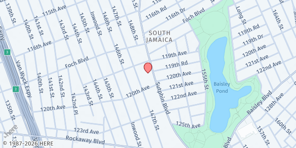 Map showing Rush Temple A. M. E. Zion Church at 119-48 Sutphin Blvd, Jamaica, NY