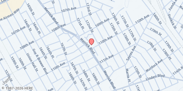 Map showing St Benedict the Moor at 171-17 110th Ave, Jamaica, NY