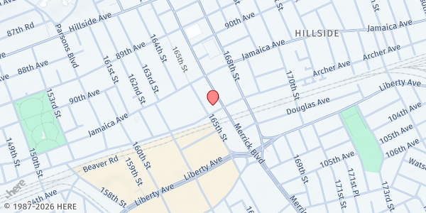 Map showing Theodora G. Jackson Adult Care at 92-47 165th Street, Jamaica, NY