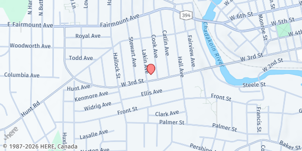 Map showing BREAD OF LIFE HEALING WORD MINISTRIES at 1006 WEST THIRD STREET, JAMESTOWN, NY