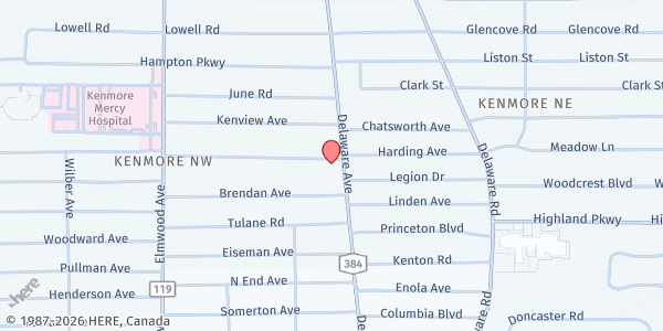 Map showing Kenmore Catholic Charities WIC at 3370 DELAWARE AVENUE, KENMORE, NY