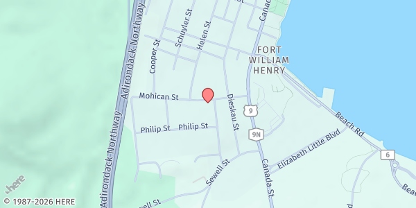 Map showing Sacred Heart Food Pantry at 50 Mohican St, Lake George, NY