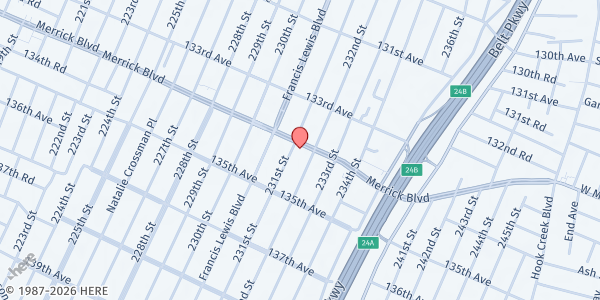 Map showing Laurelton Community Fridge at 231-34 Merrick Boulevard, Laurelton, NY