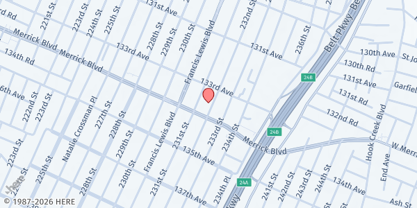 Map showing St. Luke's Baptist Church Food Pantry at 133-28 232nd Street, Laurelton, NY