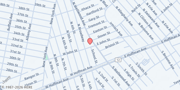 Map showing Evangel Church of God at 12 West John St., Lindenhurst, NY