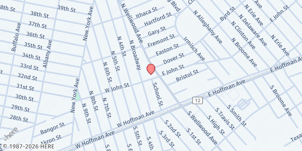 Map showing Evangel Church of God, Inc. at 12 West John St., Lindenhurst, NY