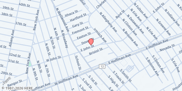Map showing St. John's Evangelical Lutheran at 36 E John St., Lindenhurst, NY