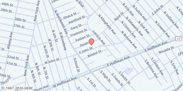 Map showing St. John's Evangelical Lutheran Church at 36 E John St., Lindenhurst, NY