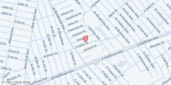 Map showing St. John's Evangelical Lutheran Church SK at 36 E. John Street, Lindenhurst, NY