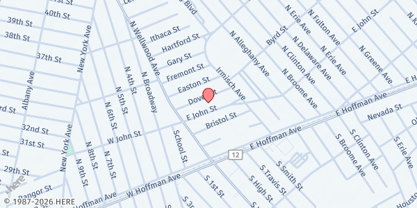 Map showing St. John's Evangelist Lutheran Church- Lindenhurst at 36 East John Street, Lindenhurst, NY