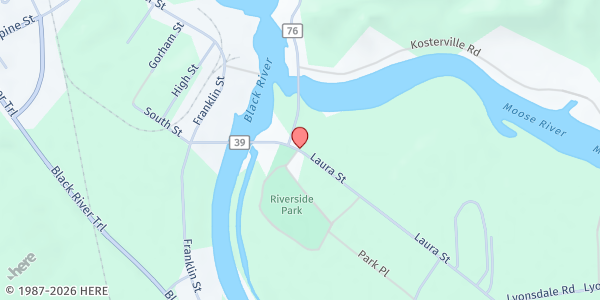 Map showing Lyons Falls ALIVE Farmers' Market at Riverside Park at 6904 Laura St, Lyons Falls, NY