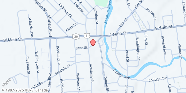 Map showing First Baptist Church Malone Food Pantry at 48 Harrison Place, Malone, NY