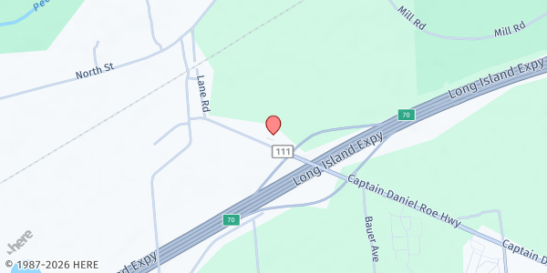 Map showing Manorville Community Church at 505 Eastport Manor Rd., Manorville, NY