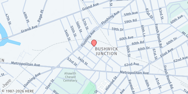 Map showing Brothers Wash & Dry Community Fridge at 55-54 Nurge Avenue, Maspeth, NY