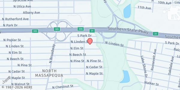 Map showing Powered by Christ Church at 138 N Linden Street, Massapequa, NY