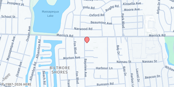 Map showing St. Rose Social Ministries at 2 Bayview Ave., Massapequa, NY