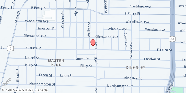 Map showing Frank E. Merriweather Jr. Library at 1324 Jefferson Avenue, Masten Park, NY