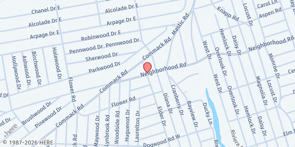 Map showing Agape Community Church at 395 Neighborhood Road, Mastic Beach, NY