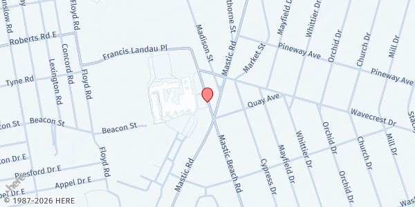 Map showing Mastic & Shirley Community Emergency Food Pantry at 240 Mastic Beach Road, Mastic Beach, NY