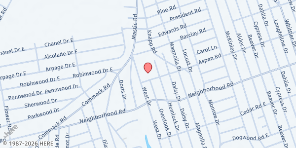 Map showing St. Jude Parish Outreach at 89 Overlook Dr, Mastic Beach, NY