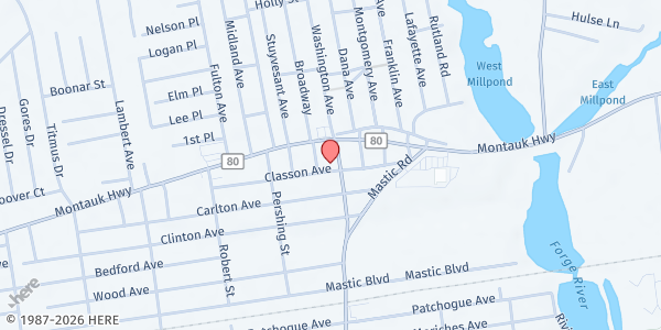 Map showing Never Alone, Never Afraid Inc. - Mastic at 14 Herkimer St, Mastic, NY