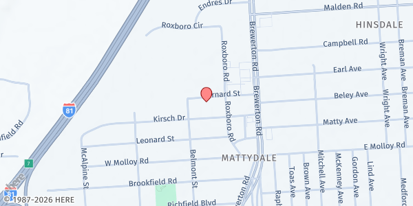 Map showing St Margaret's Food Pantry at 203 Roxboro Rd, Mattydale, NY