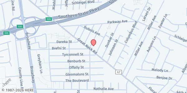 Map showing Hollywood Baptist Church at 3504 Great Neck Rd., Maywood, NY