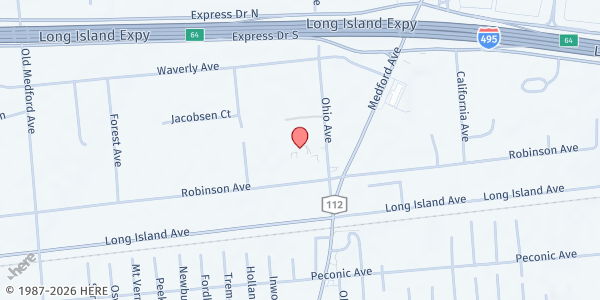 Map showing St. Sylvester Parish Social Ministry at 99 Robinson Ave, Medford, NY