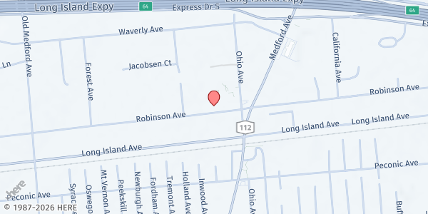 Map showing St. Sylvester's Parish Outreach at 99 Robinson Avenue, Medford, NY