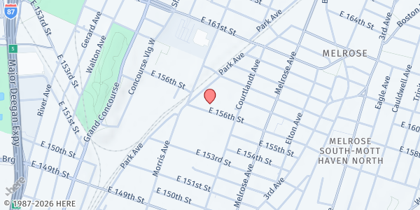 Map showing Andrew Jackson Tenants Association at 285 East 156th Street, Melrose, NY