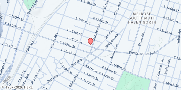 Map showing Immaculate Conception Food Pantry at 389 East 150th Street, Melrose, NY