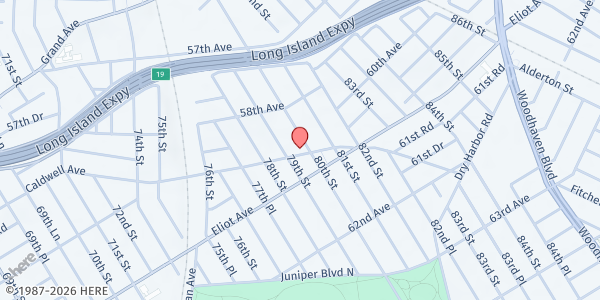 Map showing Yeshua Worldwide Ministries Food Pantry at 7911 Caldwell Avenue, Middle Village, NY