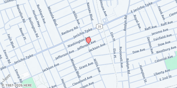 Map showing Faith Mission Inc at 132 Jefferson Ave, Mineola, NY