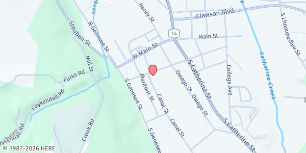 Map showing The Schuyler County Food Pantry at 221 W. South St., Montour Falls, NY