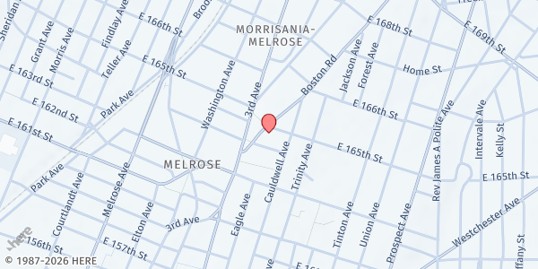 Map showing Morrisania Revitalization Corp Inc. - Main Distribution Site at 576 East 165th Street, Morrisania, NY