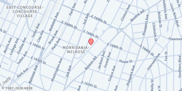 Map showing St. Augustine Food and Clothing Pantry at 1183 Franklin Avenue, Morrisania, NY