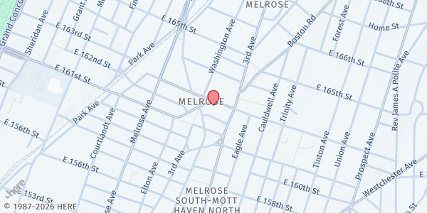 Map showing The Fortune Society Supervised Release Community Center at 502 East 163rd Street, Morrisania, NY