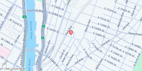 Map showing Deeper Life Bible Church - Mott Haven at 213 East 144th Street, Mott Haven, NY